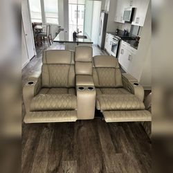 Power recliner Sofa band Loveseat with LED USB Wireless chargers Cream color leather