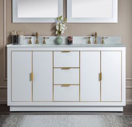 Venice-6021D-white-G_CALAVT6122D-8, Venice 60"x21"x33" Solid Wood Bath Vanities Side Cabinet in White with Gold Trim and Engineered Stone Composite Va