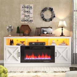 Farmhouse Fireplace TV Stand for 70/75/80 Inch TV, 32”Tall Entertainment Center w/ 36”Electric Fireplace and LED Light, 70”Media Console w/Barn Door C