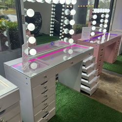 Makeup Vanity with 13 Drawers and LED Mirror with Bluetooth Speaker 