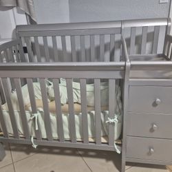 Gray Baby Crib With Changing Table And Drawers