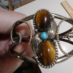 Jewelry: Navajo Double Tigers Eye And Turquoise Sterling Silver (Signed) Vintage Cuff Bracelet