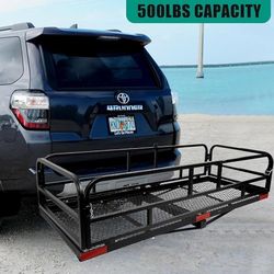 New Heavy Duty Trailer Hitch Cargo Rack, 60 x 24 x 14 Inch Folding Hitch Mount Cargo Carrier with High Side Rails for RV Truck SUV Van, 500 lbs. Capac