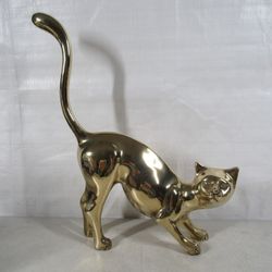 Siamese Cat Polished Solid Brass Mid Century Statue Korea 15" Tall
