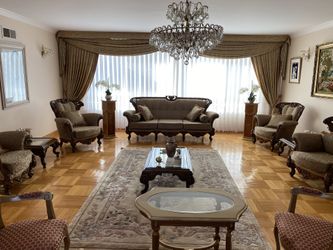 Couch, Table, Chairs, Coffee Table, Drapes, Curtains