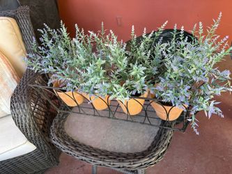 Terracotta Pots In Metal Basket With Faux Greenery