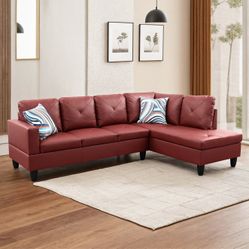 New Red Leather Sectional Sofa / Couch with Chaise (Can Deliver)