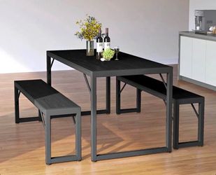 Aiho Kitchen Table with 2 Benches, 3-Piece Dining Set for 4, Wood Top Space-Saving Black