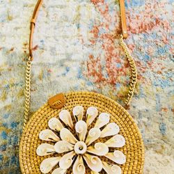 Brown Rattan Woven Shelled Crossbody Purse