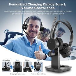 Wireless Headphones, Bluetooth V5.2 Headphones with Noise Canceling Microphone, Computer Headphones with Volume Control Knob, Charging Display Dock, U