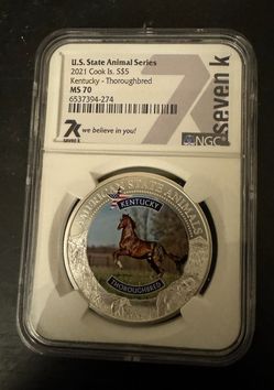 2021 Cook Islands NGC MS70 $5 US State Animal Series 1oz Kentucky Thoroughbred