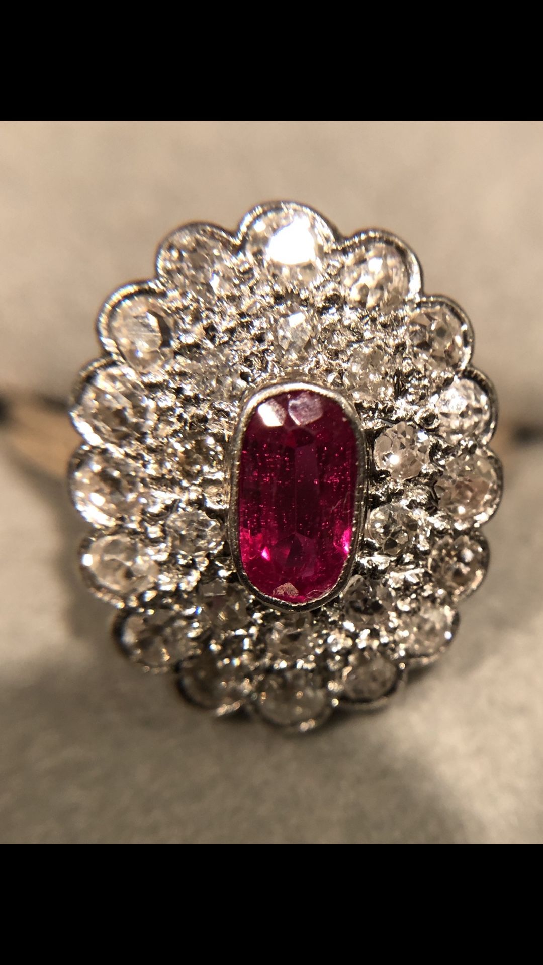 Platinum & 14k gold Natural ruby &old english cut diamond ring