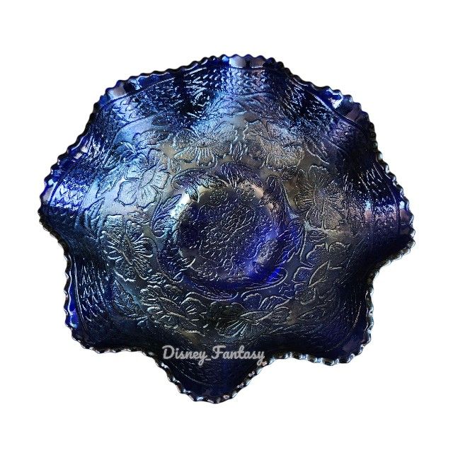 Antique Fenton Two Flowers Carnival Glass 3 Ball-Footed Bowl Ruffled Edge Blue