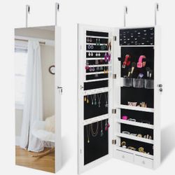 Jewelry Cabinet Organizer Armoire Wall Door Mounted Lockable w/Frameless Mirror