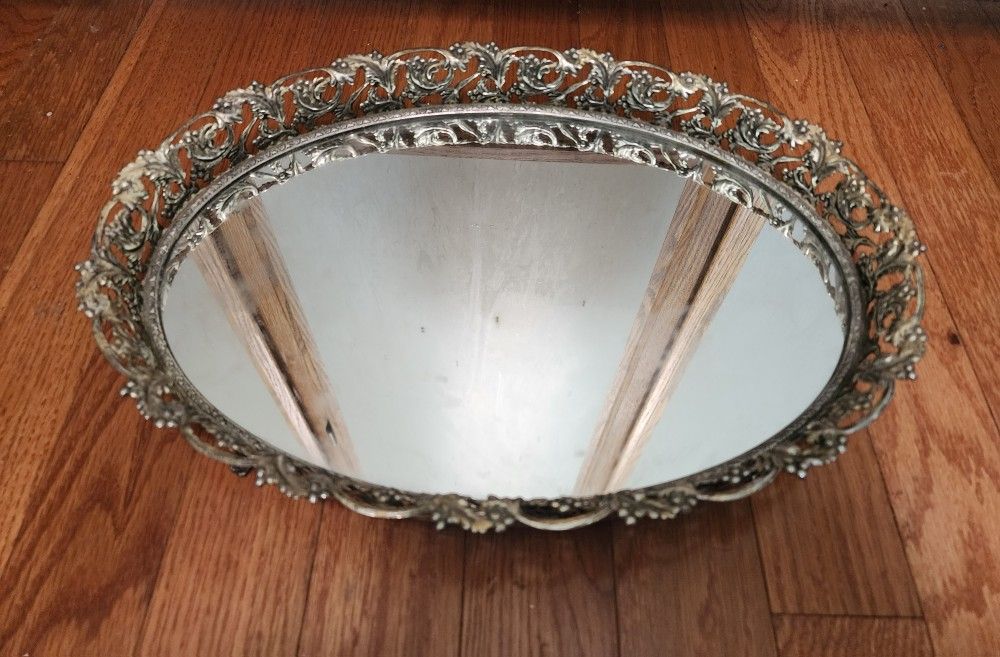 Vintage Ornate Gold Tone Metal Filigree Mirror Vanity Dresser Tray 