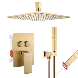 Shower Faucets Set Complete Brushed Gold Shower System,Ceiling Mounted Push Button Diverter Shower Fixtures with 2 in 1 Handheld,10 Inches Rainfall