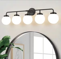 38.98 in. 5-Light Black Bathroom Vanity Light with Opal Glass Shades, Bulbs not Included