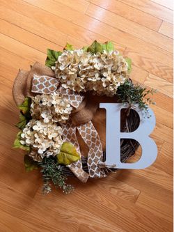 Grapevine Wreath with Hydrangeas and Monogram B