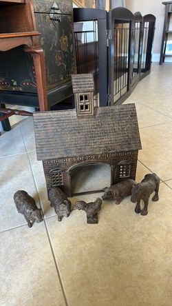 Cast Iron Stock Farm Bank with Animal Figurines