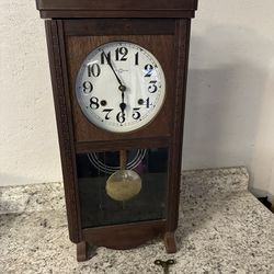 Antique German Chiming Wooden Cased Wall Clock With Key tested and working