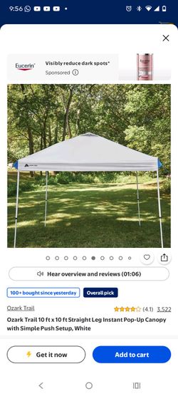 Ozark Trail 10 ft x 10 ft Straight Leg Instant Pop-Up Canopy with Simple Push Setup, White