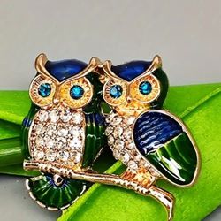 RARE BROOCH OWLS ON A BRANCH RHINESTONE STAIL CZ ACCENT