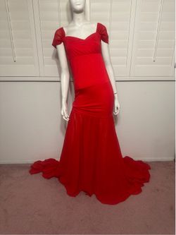 Small red long stretchy train maternity photo gown dress mermaid sheer
