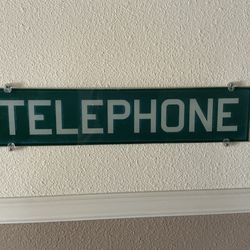 Vintage Telephone Booth Glass Sign Green