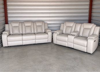 Cream Leather Reclining Sofa and Loveseat Set
