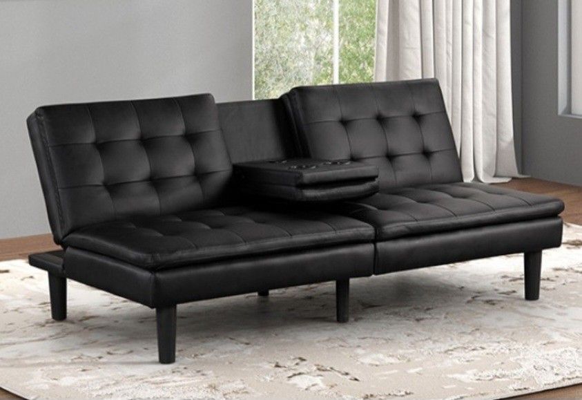 Brand New Black Leather Futon Sofa Sleeper w Cup Holders
