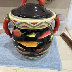 1990s Clay Art Caliente Lidded Cookie Jar Canister Peppers