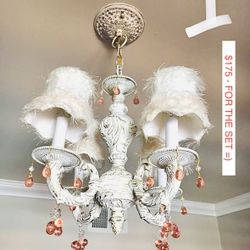 CHANDELIER + PAIR OF WALL LIGHT SCONCES - WHITE SOLID BRASS  