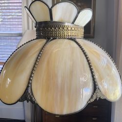 Vintage 1960-70 Tiffany Style Slag Stained Glass Brass Detailing Pendant Ceiling Light Fixture 