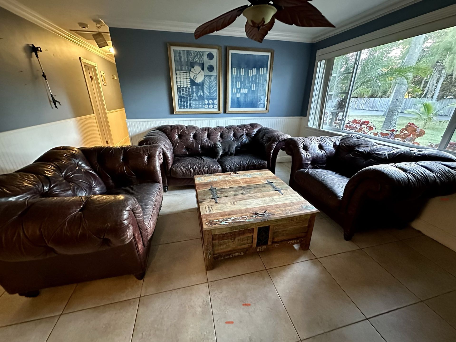 Leather Tufted 3 Piece Living Room Couch Set