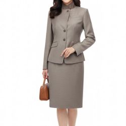 Ann Taylor Women's Brown Virgin Wool Skirt Set Button Neck Collared Size 2/4