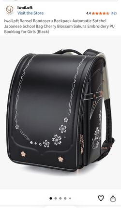 Japanese School Bag Cherry Blossom Sakura Embroidery PU Bookbag for Girls (Black)