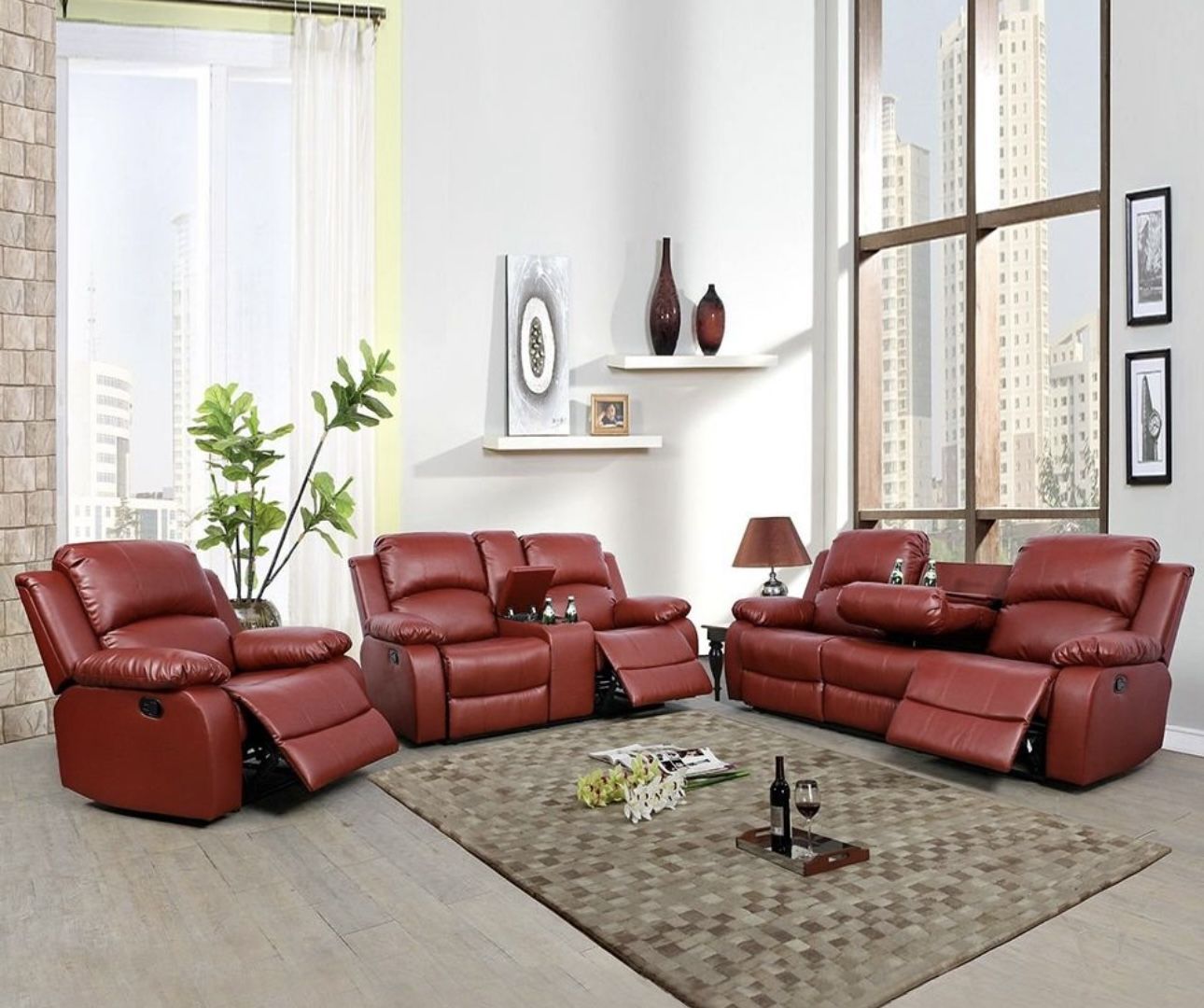 Red Leather Fully Reclining Three Piece Couch Set