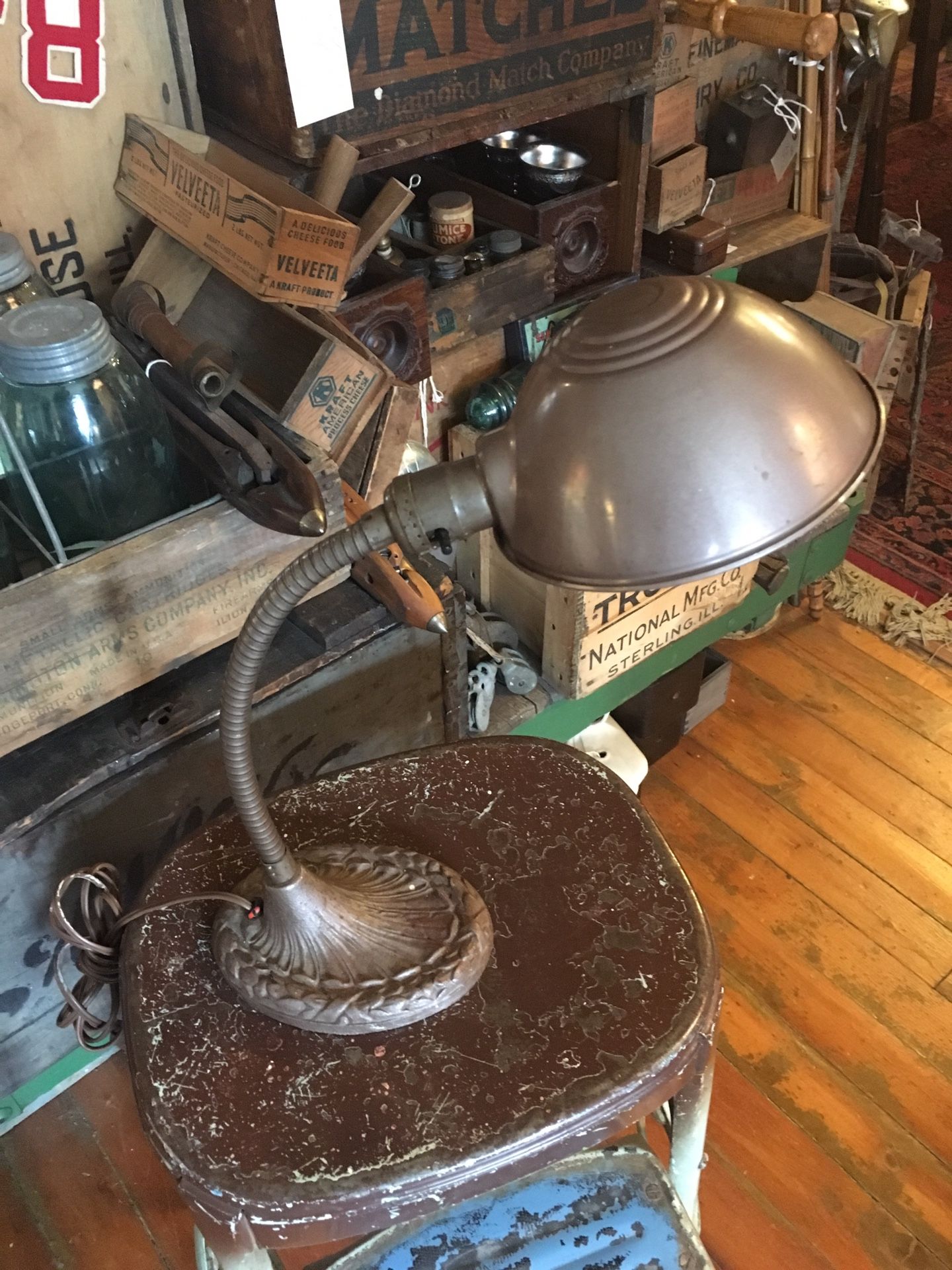 Vintage Table Lamp 1920's, Cast Metal, Steel Top