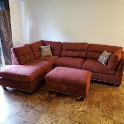 Brand New Red Velvet Sectional Sofa Couch With Storage Ottoman 