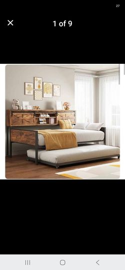 Likimio Twin Bed Frame with Storage & USB Charging Station Rustic Brown