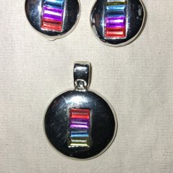 Vintage  3 Piece Glass Stones Pendant And Clip On Earrings