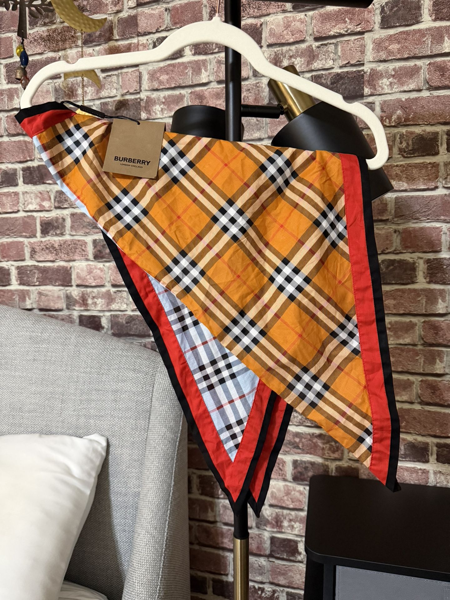 Authentic Burberry Orange Yellow Check Reversible Silk Scarf Bandana
