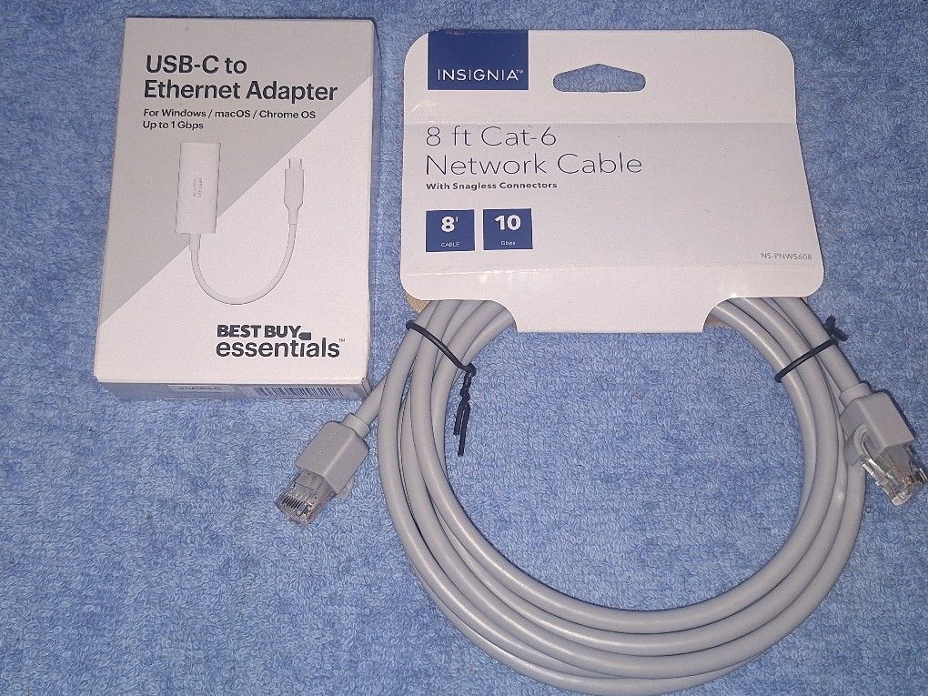 Insignia 8' Cat-6 Ethernet Cable & Best Buy Essentials USB-C to Ethernet Adapter