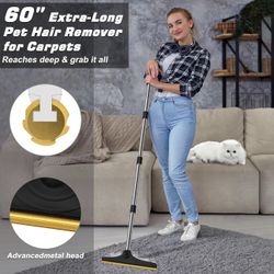 Reusable Pet Hair Remover with 60” Adjustable Long Handle, Carpet Scraper Broom Dog Cat Hair Remover Tool Fur Sweeper for Rugs, Mats