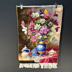 Persian Pictorial Rug Flower Hand Knotted Tab’riz 23”x16” Cotton w/Silk 240KPSI