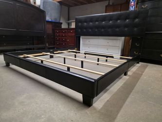 Modern Black Leather Tufted King Size Bed Frame