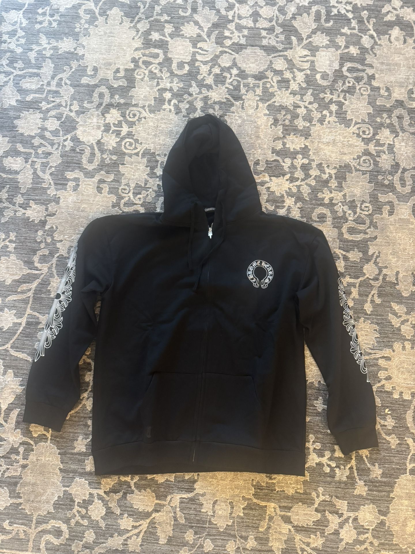 Chrome Hearts Horseshoe Floral Cross-Sleeve Zip Up Large Hoodie 'Black/White'