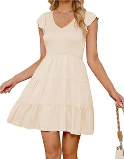 ZESICA Women's Summer Casual Mini Dress 2026 with V-Neck and Ruffle Sleeves, Bohemian Style, Ruched, Flared