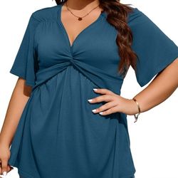 Size 3x Blue Twist Knot Plus Size Top Womens Clothing Blouse Loose Fit 