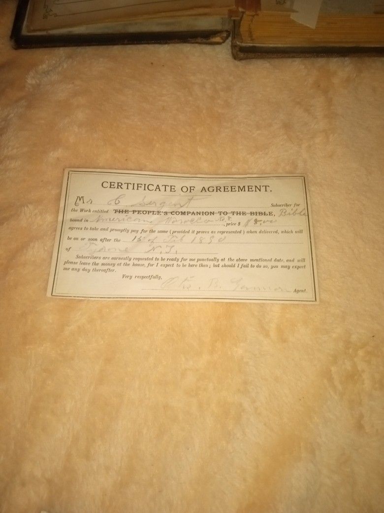 Certificate Of Agreement Dated February 15th 1850. 174 YEARS OLD!!! ...... For Purchase Of A Bible